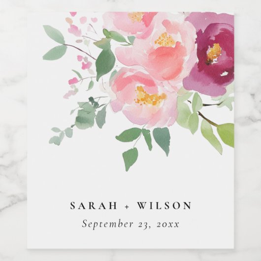 Roze Blush Bourgogne Roos Waterverf bruiloft Wijn Etiket (Enkel label)