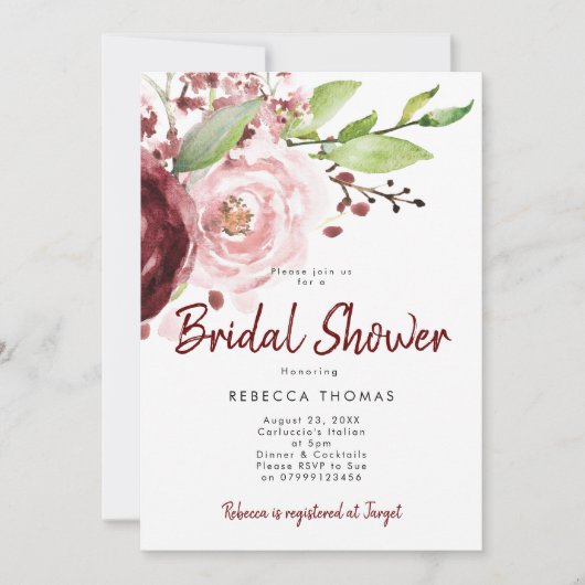 Roze Blush Bourgondië Bruids Douche Uitnodiging (Voorkant)