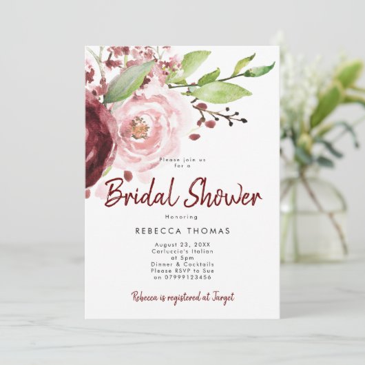 Roze Blush Bourgondië Bruids Douche Uitnodiging (Staand voorkant)