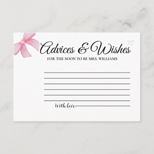 roze Blush Bow Advices & WIshes Vrijgezellenfeest Informatiekaartje (Voorkant)