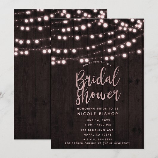 Roze Blush Brown Rustic Wood Lights Vrijgezellenfe Kaart (Voorkant / Achterkant)