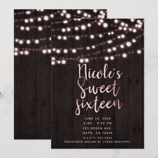 Roze Blush Bruin Rustiek Hout & Lights Sweet 16 Kaart (Voorkant / Achterkant)