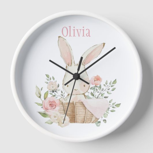 Roze Blush Bunny Rabbit Name Nursery Clock (Voorkant)