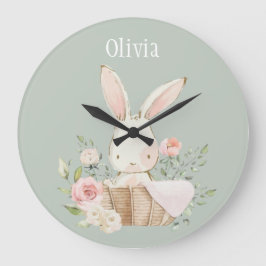 Roze Blush Bunny Sage Green Name Nursery Clock Grote Klok