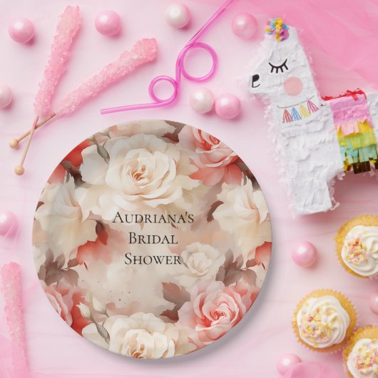  Roze Blush Cream Floral Vrijgezellenfeest Papieren Bordje (Feest)
