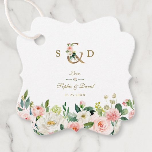 Roze Blush Cream Flowers Gold Ampersand Weddenscha Bedankjes Labels (Voorkant)