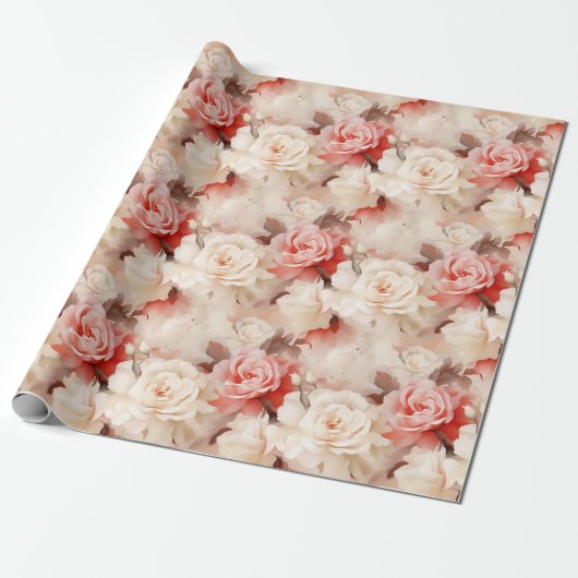  Roze Blush Cream Roos Bloemen Huwelijk Cadeaupapier (Uitgerold)