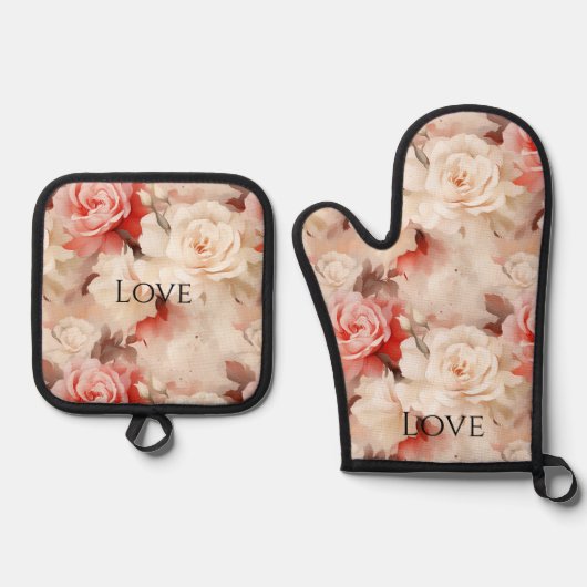  Roze Blush Cream Roos Bloemen Ovenwant & Pannenlap Set (Voorkant)