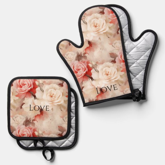  Roze Blush Cream Roos Bloemen Ovenwant & Pannenlap Set (Voorkant / Achterkant)