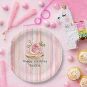 Roze Blush Cream Stripes Roos Cupcake Verjaardag Papieren Bordje (Feest)