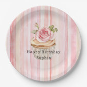 Roze Blush Cream Stripes Roos Cupcake Verjaardag Papieren Bordje (Voorkant)
