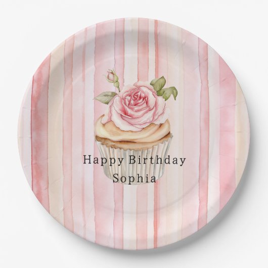 Roze Blush Cream Stripes Roos Cupcake Verjaardag Papieren Bordje (Voorkant)