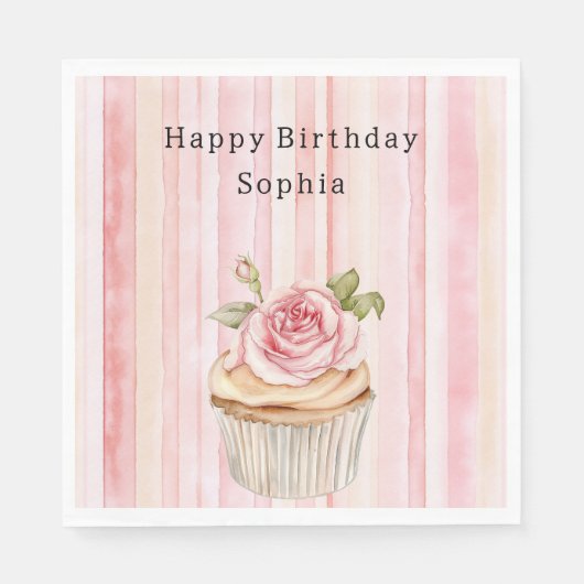Roze Blush Cream Stripes Roos Cupcake Verjaardag Servet (Voorkant)