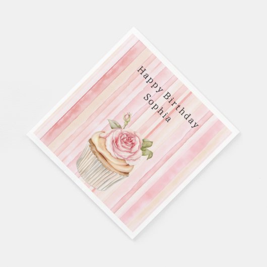 Roze Blush Cream Stripes Roos Cupcake Verjaardag Servet (Hoek)