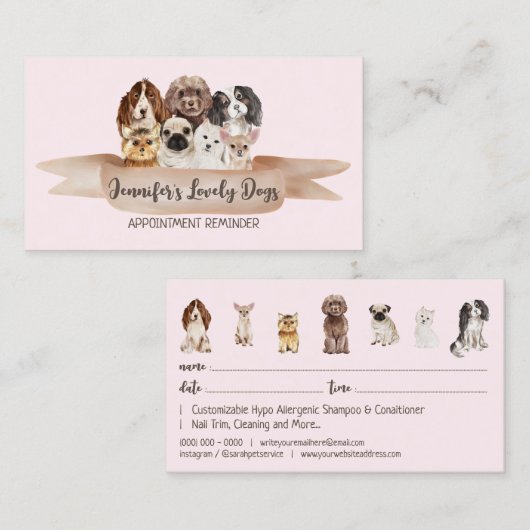 Roze blush Dog Groomer Pet Appointment Visitekaartje (Voorkant / Achterkant)