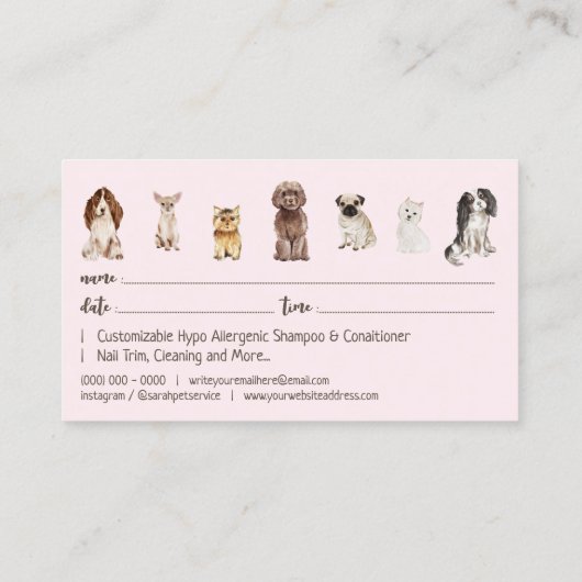 Roze blush Dog Groomer Pet Appointment Visitekaartje (Achterkant)