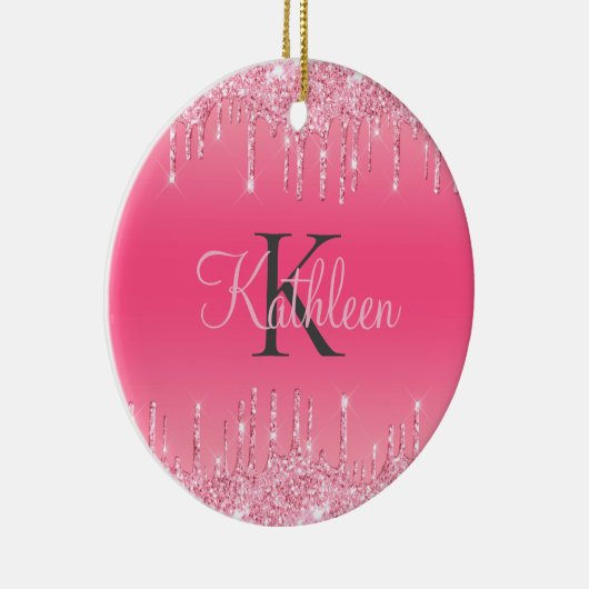 Roze Blush, Drijvende glitter, Roos Gold Monogram Keramisch Ornament (Rechts)