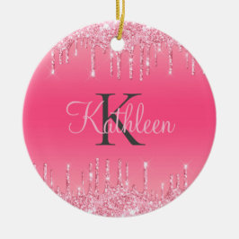 Roze Blush, Drijvende glitter, Roos Gold Monogram Keramisch Ornament