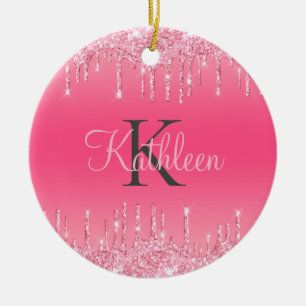Roze Blush, Drijvende glitter, Roos Gold Monogram Keramisch Ornament