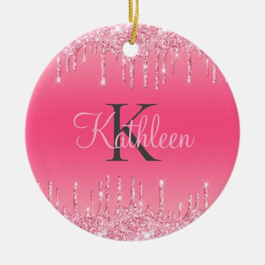 Roze Blush, Drijvende glitter, Roos Gold Monogram Keramisch Ornament (Voorkant)