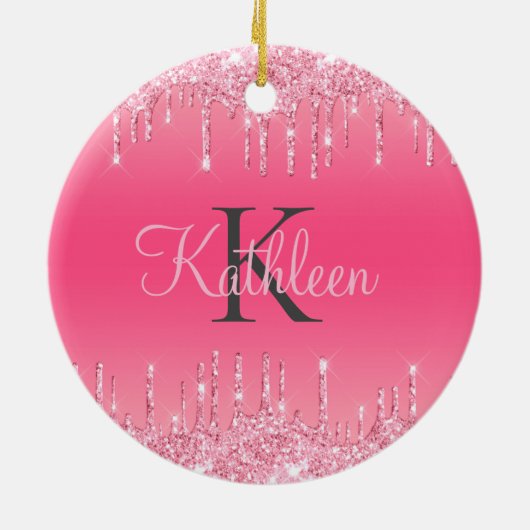 Roze Blush, Drijvende glitter, Roos Gold Monogram Keramisch Ornament (Achterkant)