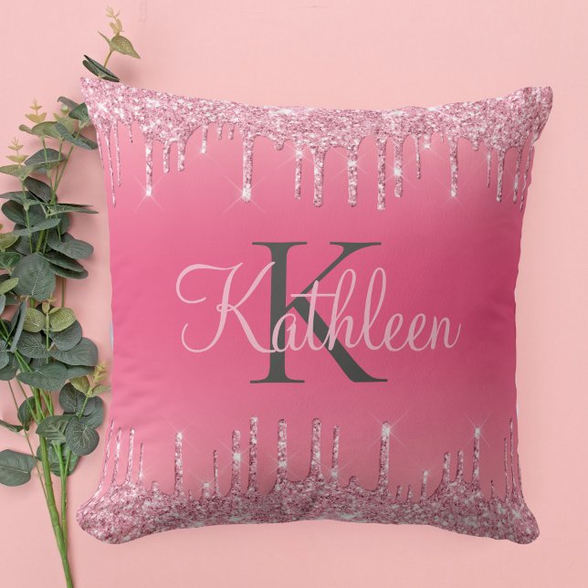 Roze Blush, Drijvende glitter, Roos Gold Monogram Kussen (Creator heeft geüpload)