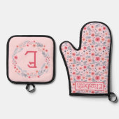 Roze, Blush, en Blauwe Waterverf Bloemen Ovenwant & Pannenlap Set (Voorkant)