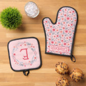 Roze, Blush, en Blauwe Waterverf Bloemen Ovenwant & Pannenlap Set (Top down)