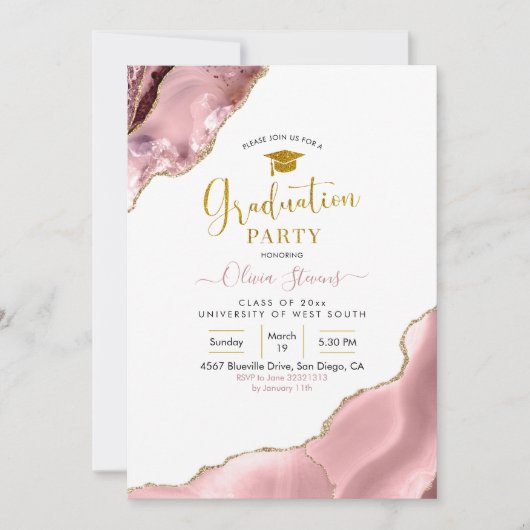 Roze Blush en Gold Agate Graduparty Kaart (Voorkant)