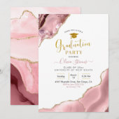 Roze Blush en Gold Agate Graduparty Kaart (Voorkant / Achterkant)