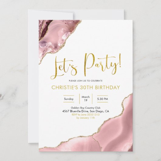 Roze Blush en Gold Agate Let's Party Kaart (Voorkant)