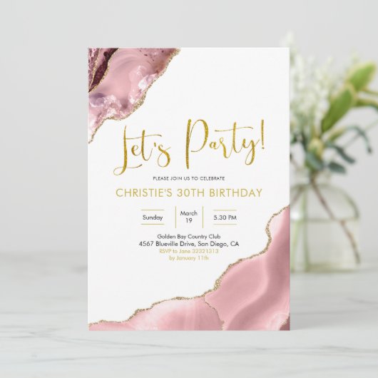 Roze Blush en Gold Agate Let's Party Kaart (Staand voorkant)