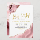 Roze Blush en Gold Agate Let's Party Kaart (Voorkant / Achterkant)
