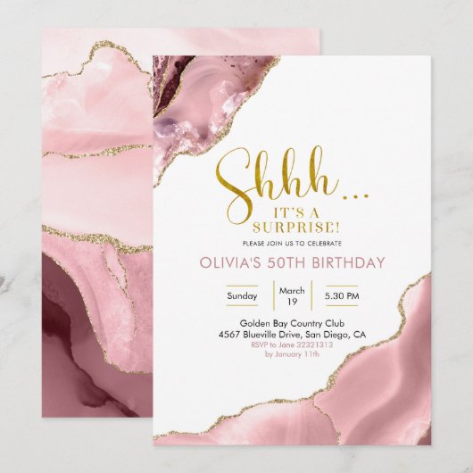 Roze Blush en Gold Agate Surprise Birthday Invita Kaart (Voorkant / Achterkant)