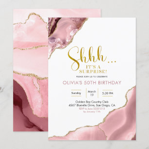 Roze Blush en Gold Agate Surprise Birthday Invita Kaart