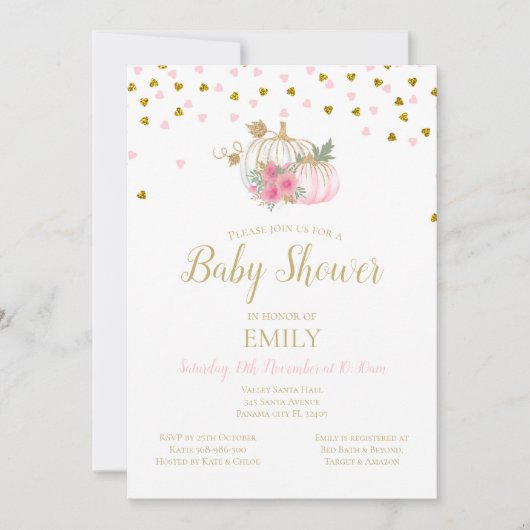 Roze Blush en Gold Pumpkin Baby shower Invitation Kaart (Voorkant)