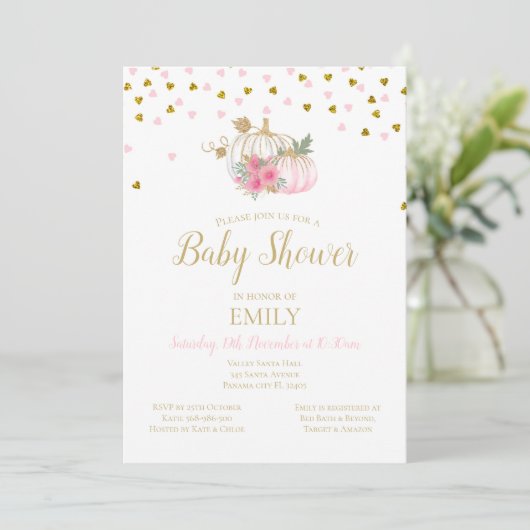 Roze Blush en Gold Pumpkin Baby shower Invitation Kaart (Staand voorkant)