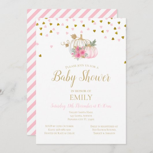 Roze Blush en Gold Pumpkin Baby shower Invitation Kaart (Voorkant / Achterkant)