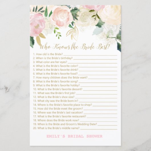 Roze Blush en Gold Vrijgezellenfeest Game PRINED (Voorkant)