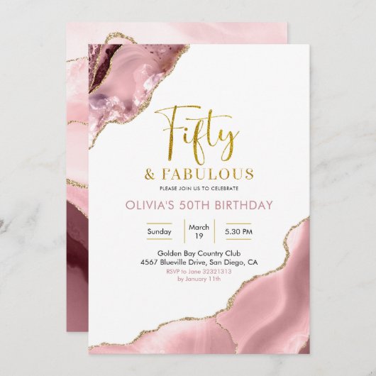 Roze Blush en gouden 50 en Fabulous Invitation Kaart (Voorkant / Achterkant)