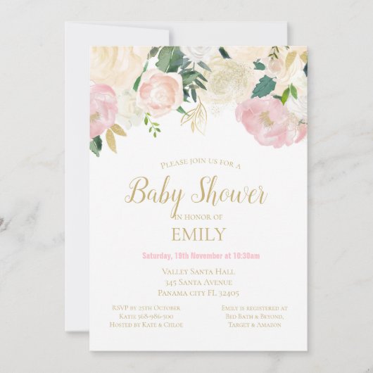 Roze Blush en Gouden Baby Shower Uitnodiging, Baby Kaart (Voorkant)