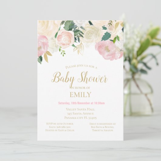 Roze Blush en Gouden Baby Shower Uitnodiging, Baby Kaart (Staand voorkant)