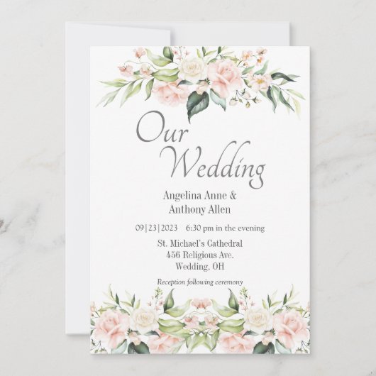 Roze Blush Eucalyptus Bloemen Huwelijksuitnodiging Kaart (Voorkant)