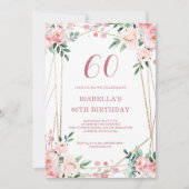 Roze Blush Floral 60th Birthday Invitation Kaart (Voorkant)