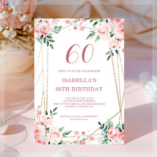 Roze Blush Floral 60th Birthday Invitation Kaart