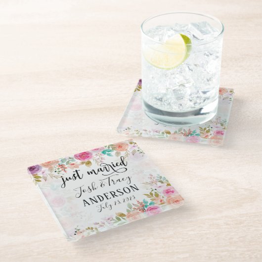 Roze Blush Floral Aangepast gewoon getrouwd Glazen Onderzetter (Schuin)