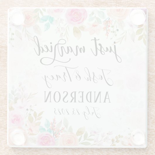 Roze Blush Floral Aangepast gewoon getrouwd Glazen Onderzetter (Achterkant)