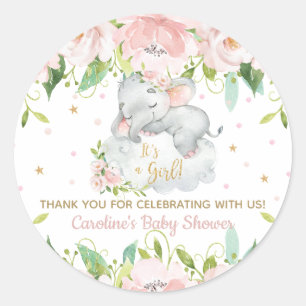Roze Blush Floral Baby Elephant Hartelijk dank Ronde Sticker