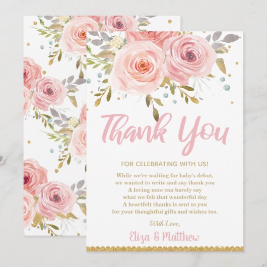 Roze Blush Floral Baby shower Bedankkaart (Voorkant / Achterkant)
