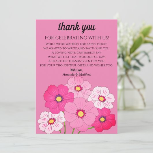 Roze Blush Floral Baby shower Hartelijk dank Kaart (Staand voorkant)